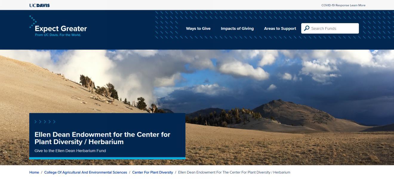 Ellen Dean Herbarium Fund donation landing page screenshot. 
