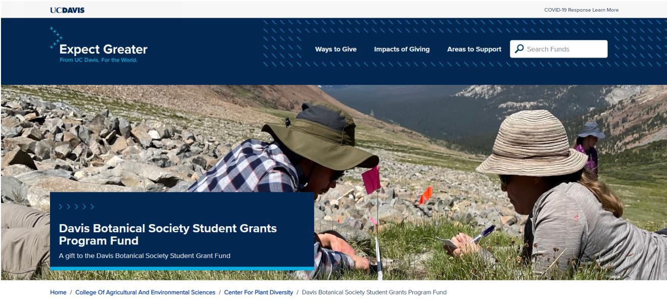 Davis Botanical Society Student Grants Fund donation landing page screenshot.