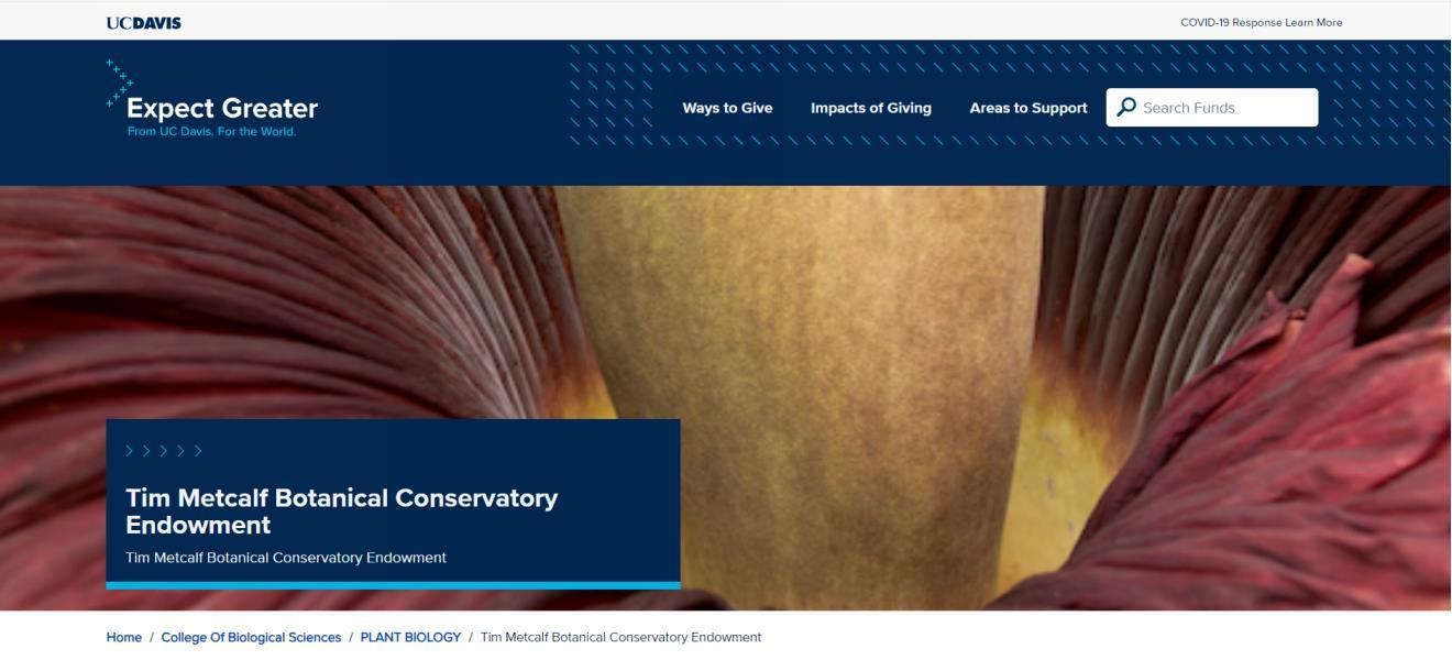 Tim Metcalf Conservatory Fund donation landing page screenshot.