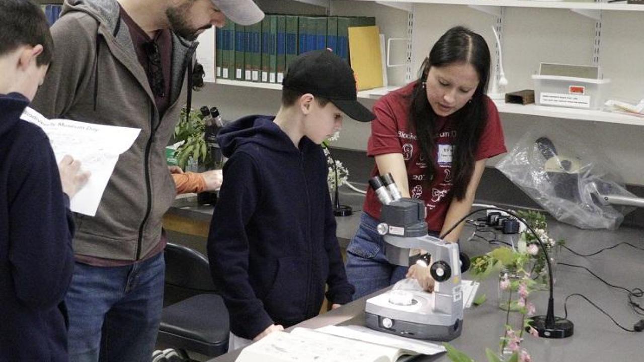 Biodiversity Museum Day photo showing students gathered around a microscope.