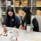 Two individuals demonstrating techniques for gluing plant specimens to archival paper. 
